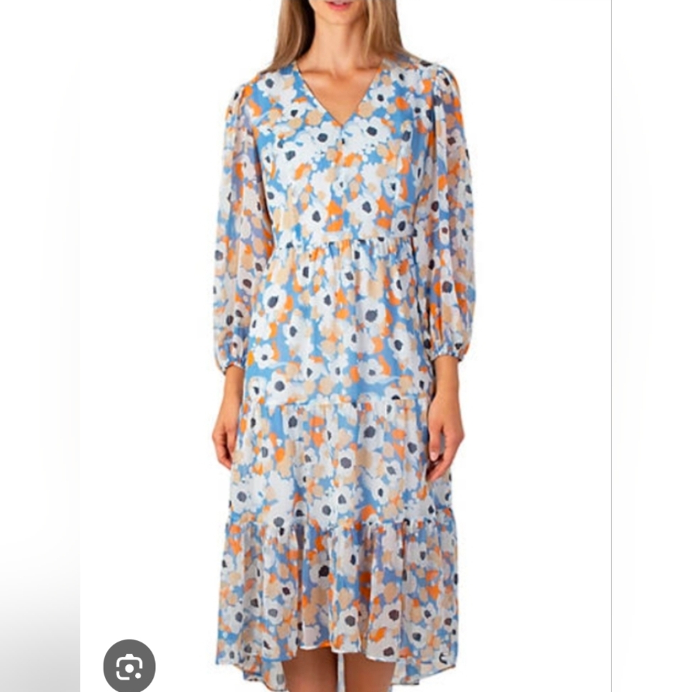 Joie Blue and Tan Floral Tiered V-Neck Midi Dress XL (6264)